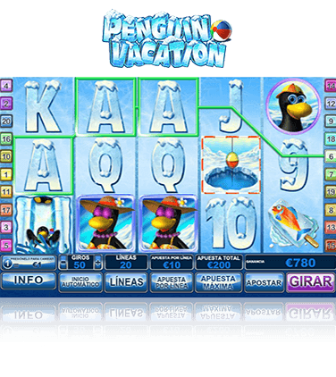 Partida en la slot Penguin Vacation, con una línea ganadora. Se muestran diversos símbolos helados: las letras K, A, J y Q, además de los números 9 y 10. Tambiéen aparecen unos simpáticos pingüinos: los símbolos del ni?o, la madre y el wild, un pingüino que se desliza por un tobogán helado.